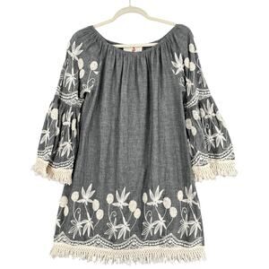 Boho Jane Grey Bell‎ Sleeves Floral Embroidery Tassel Trim Peasant Dress Small